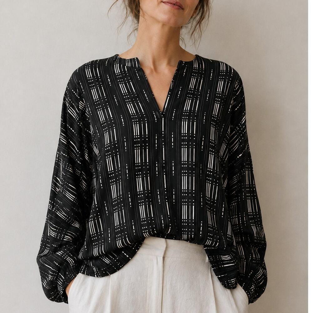 Masai Copenhagen Blouse Top Black & White Geometric Print Balloon Sleeve XXL